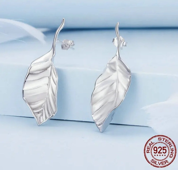 Authentic 925 Sterling Silver Leaf Stud Earrings Leaves Drop Earrings for Women Birthday Gift Fine Jewelry