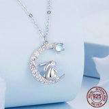 925 Sterling Silver Crescent Moon Pendant Necklace Cute Rabbit Neck Chain for Women Birthday Gift Fine Jewelry