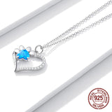 925 Sterling Silver Heart Trace Blue Zircon Paw Dazzling Pendant Necklace Chain for Women Fashion Jewelry Gift