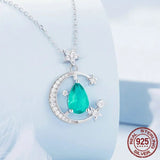 925 Sterling Silver Crescent Moon and Star Pendant Necklace Light Green Waterdrop Neck Chain for Women Fine Jewelry