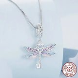 925 Sterling Silver Dainty Colorful Enamel Dragonfly Key Pendant Necklace for Women Birthday Gift Fine Jewelry