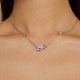 925 Sterling Silver Purple Enamel Pansy Flower Pendant Necklace Dancing Butterfly Adjustable Neck Chain for Women