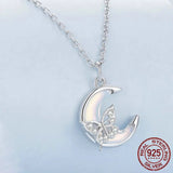 925 Sterling Silver Romantic Moon Pendant Necklace Butterfly Neck Chain Pave Setting CZ for Women Valentine's Day Gift