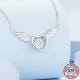 925 Sterling Silver Shiny Zircon Heart Pendant Necklace Guardian Wings Neck Chain for Women Birthday Gift Jewelry