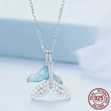 925 Sterling Silver Sky Blue Enamel Whale Tail Pendant Necklace Double Fish Tail Neck Chain for Women Fine Jewelry