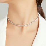 925 Sterling Silver Women's Magnificent Round Cubic Zirconia Tennis Choker Glittering Clavicle Chain Necklace