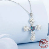 925 Sterling Silver Cross Pendant Necklace Retro Rose Pattern Neck Chain for Women Party Fine Jewelry Gift