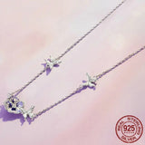 925 Sterling Silver Purple Enamel Pansy Flower Pendant Necklace Dancing Butterfly Adjustable Neck Chain for Women