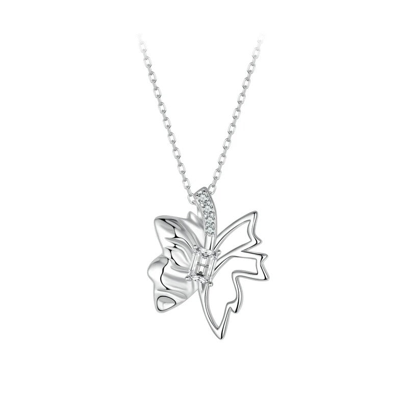 Solid 925 Sterling Silver Autumn Leaf Butterfly Pendant Necklace White Gold Plated Neck Chain for Women Birthday Day Gift