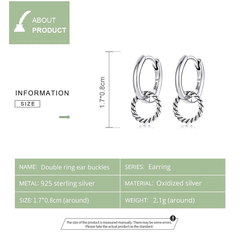 925 Sterling Silver Vintage Double Circle Ear Buckles Interweave Twist Round Earrings for Women Fine Jewelry Gift