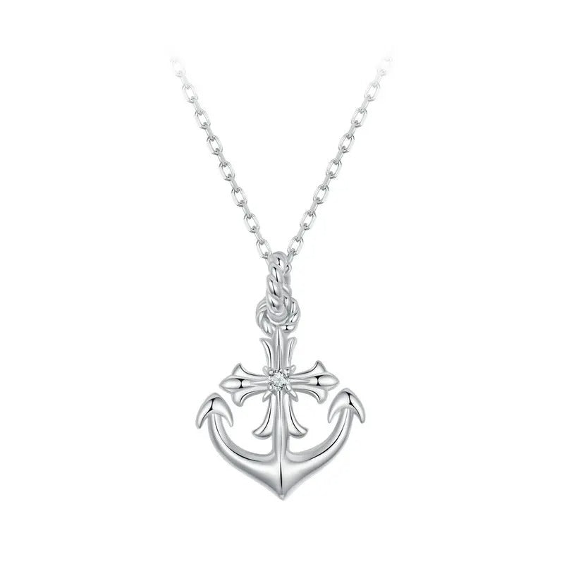 925 Sterling Silver Anchor Necklace, White Gold Plated Classic Necklace with Cubic Zirconia Jewelry Gift for Women