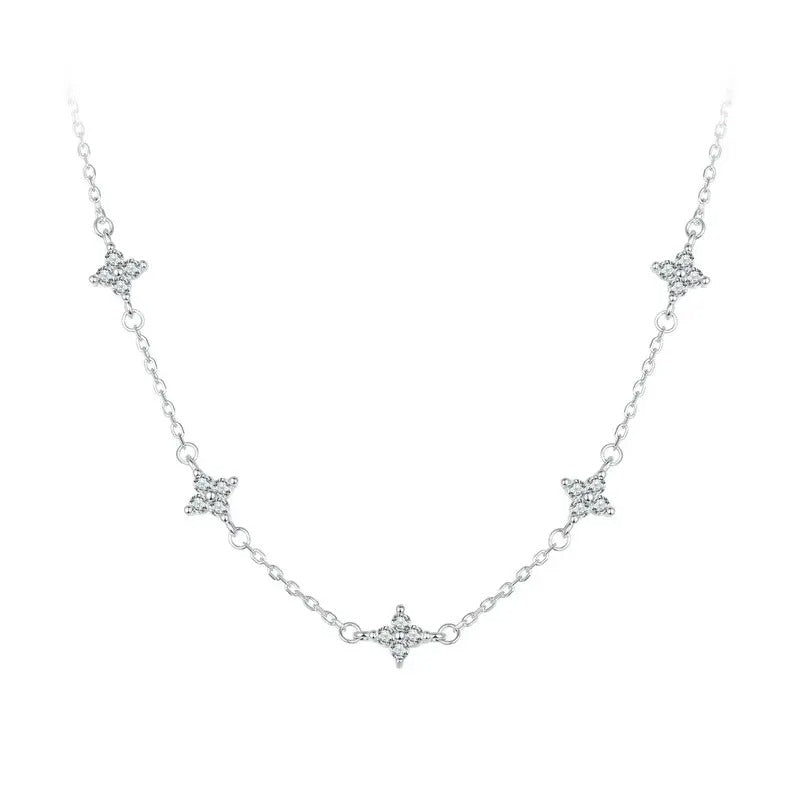925 Sterling Silver Dainty Stars Necklace for Women, Four-Leaf Clover CZ Choker Chain Necklace Trendy Jewelry Gift