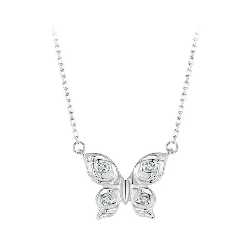 925 Sterling Silver Rose Butterfly Necklace, White Gold Plated Classic Necklace with Cubic Zircon Jewelry Gift for Women