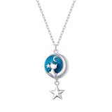 925 Sterling Silver Blue Enamel Moon & Cat Pendant Necklace Star Neck Chain for Women Gift Fine Jewelry