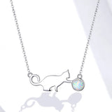 925 Sterling Silver Cute Cat Playing Ball Pendant Necklace Opal Link Chain for Women Girls Gift Jewelry