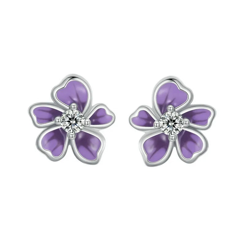 Purple Flower Earrings for Women, 925 Sterling Silver Cute Plumeria Cherry Blossom Hypoallergenic Stud Earrings For Girl