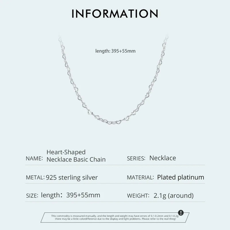 Real 925 Sterling Silver Trendy Heart-Shaped Basic Chain Link Lobster Clasp Adjustable Necklace for Women