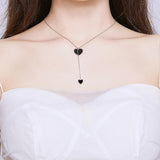 925 Sterling Silver Double Black Heart Pendant Necklace for Women Simple Black Enamel Y-shape Chain Necklace