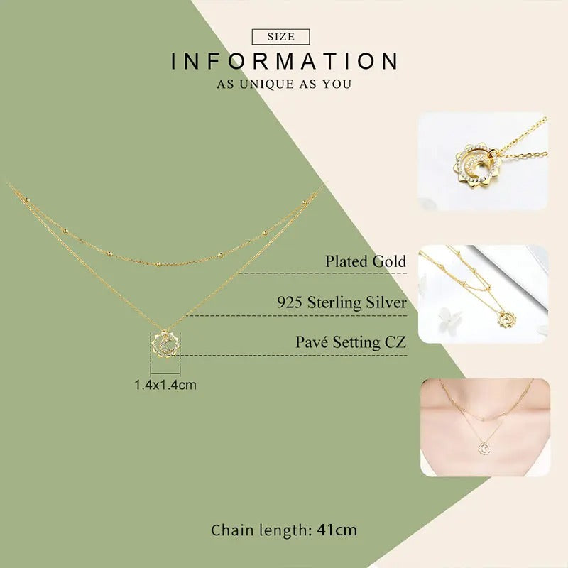 925 Sterling Silver Vintage Gold Sun and Moon Double Layers Choker Necklaces Pendant for Women Silver Fine Jewelry