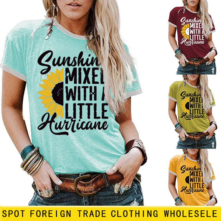 Sunshine Mixed with Sunflower Pattern Ladies Short Sleeve T-shirt