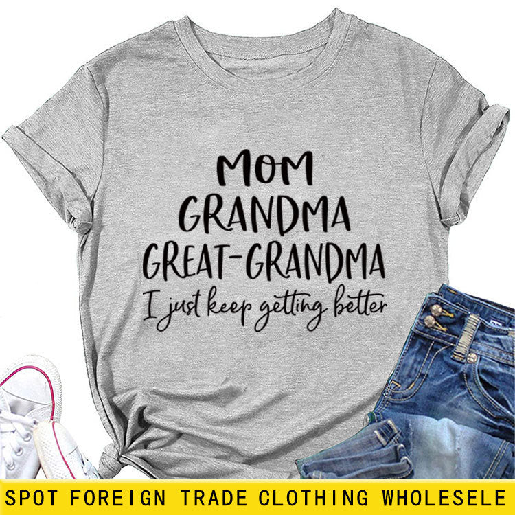 Loose Short Sleeve MOM GRANDMA GREAT Letter Print Crew Neck T-Shirt