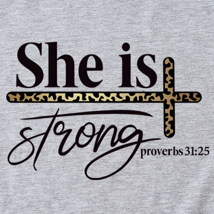 She Is Strong Letter Printed Round Neck Short Sleeved T-shirt
