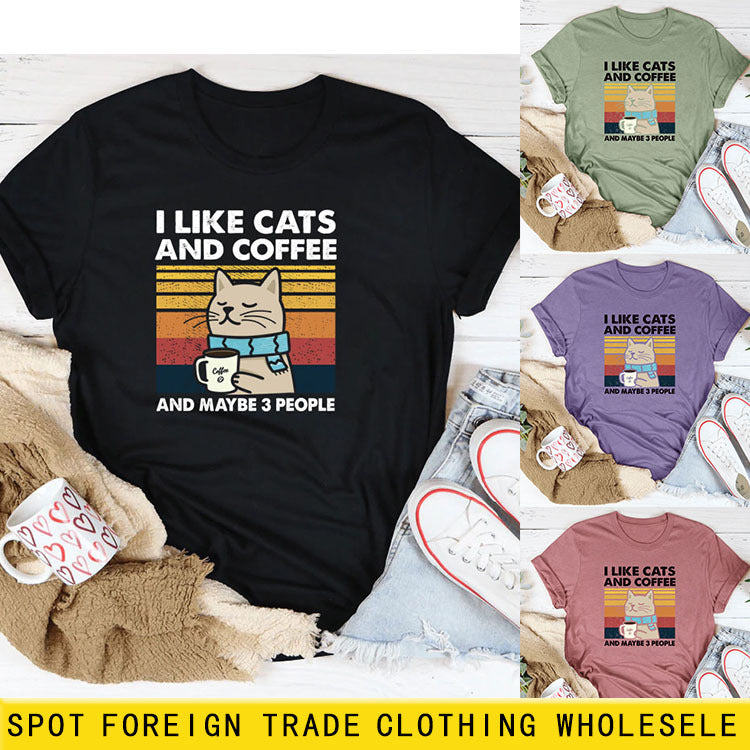 I Like Cats And Coffee Fun Pattern Short Sleeve Woman