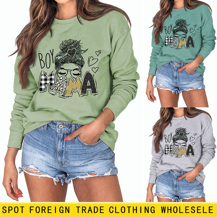 BOY MAMA Love Print Round Neck Loose Bottom Long Sleeve Sweatshirt Women