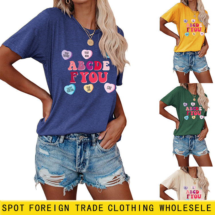 Letter ABCDEF You Printed Women's Summer Casual Loose Short Sleeve