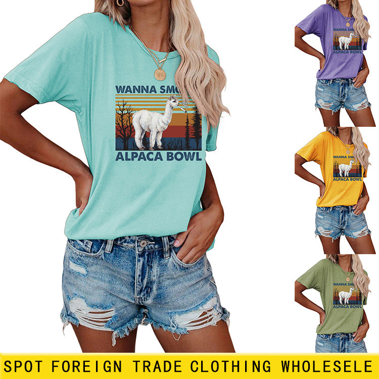 WAnna Smoke Fun Pattern Printed Round Neck Fashion Short Sleeve T-shirt Women