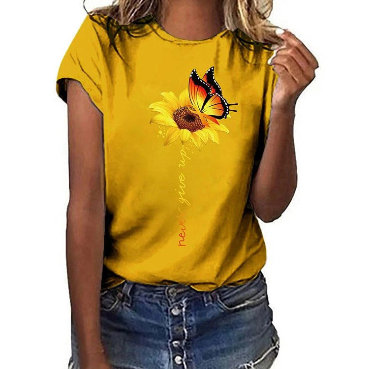 Never Give Up – haut à manches courtes imprimé tournesol, T-shirt décontracté, vêtements pour femmes