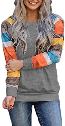 Women Fashion Blouse Color Stripes Hit Color Casual Round Neck Long Sleeve Shirt