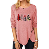 Women Christmas Tree Top Irregular Button Long Sleeve Round Neck Shirt