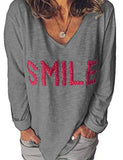 Women V Neck Smile Long Sleeve Blouse