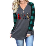 Christmas Tree Pattern Printed V-Neck Raglan Long Sleeve Shirt Women