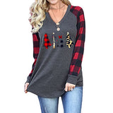 Christmas Tree Pattern Printed V-Neck Raglan Long Sleeve Shirt Women