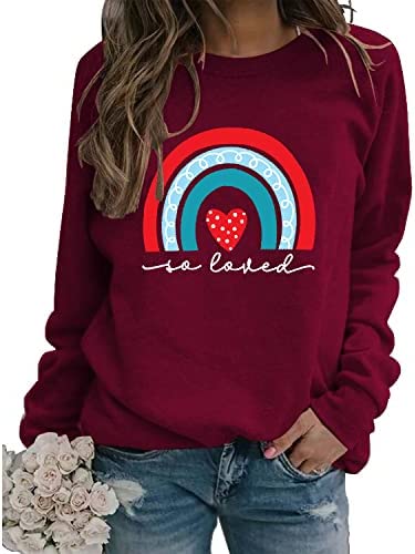 Valentines Rainbow Love Sweatshirt Women Love Heart Tee Tops