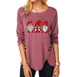 Women Women Christmas Gnomies Fashion Top Irregular Button Long Sleeve Round Neck Shirt