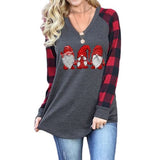 Women Santa Claus Pattern Printed V-Neck Raglan Long-Sleeved Shirt