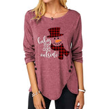 Women Christmas Snowman Printed Irregular Button Long Sleeve Round Neck Shirt