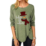 Women Christmas Snowman Printed Irregular Button Long Sleeve Round Neck Shirt