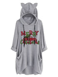 Women Cat Ears Merry Christmas Hooded Sweater Graphic Shirt With Pockets