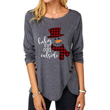 Women Christmas Snowman Printed Irregular Button Long Sleeve Round Neck Shirt