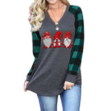 Women Santa Claus Pattern Printed V-Neck Raglan Long-Sleeved Shirt