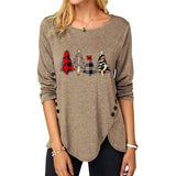 Women Christmas Tree Top Irregular Button Long Sleeve Round Neck Shirt