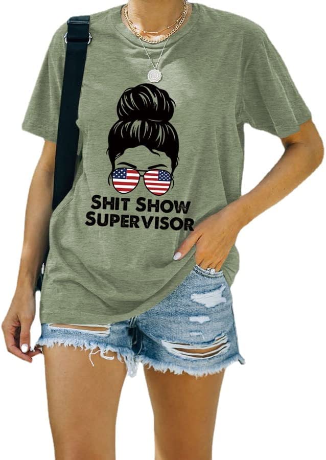 Shit Show Supervisor Tee Women Casual Messy Bun Bleached T-Shirt