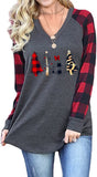 Christmas Tree Pattern Printed V-Neck Raglan Long Sleeve Shirt Women