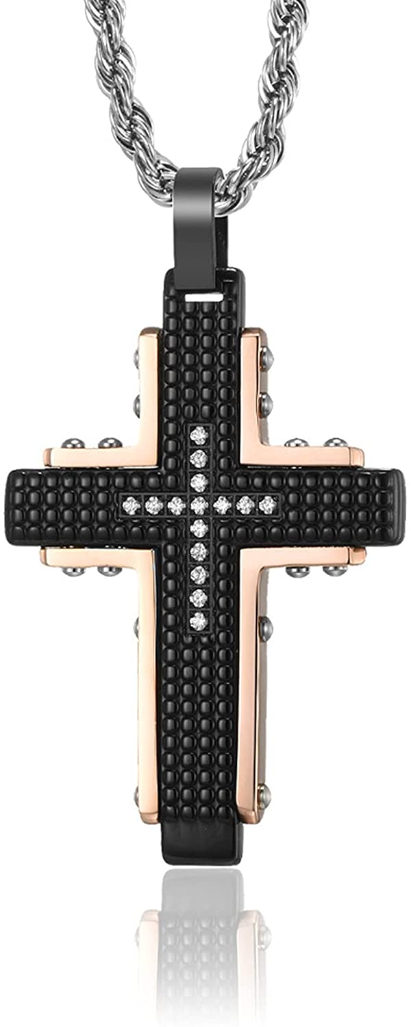 Collier avec pendentif croix en acier inoxydable pour hommes, noir, or Rose, pour la prière du seigneur, chaîne lourde