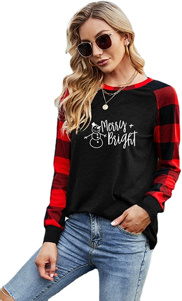 Women Merry and Bright Blouse Buffalo Plaid Sleeve Christmas Shirt