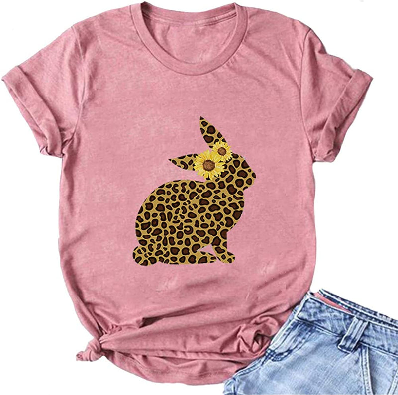 Women Sunflower Leopard Bunny Cute Easter T-Shirt